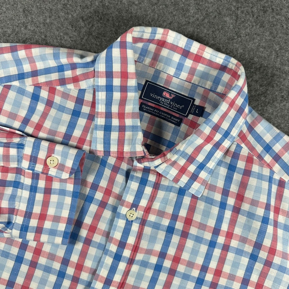 Vineyard Vines Men Large Classic Fit Cooper Plaid Button Shirt Red White Blue‎